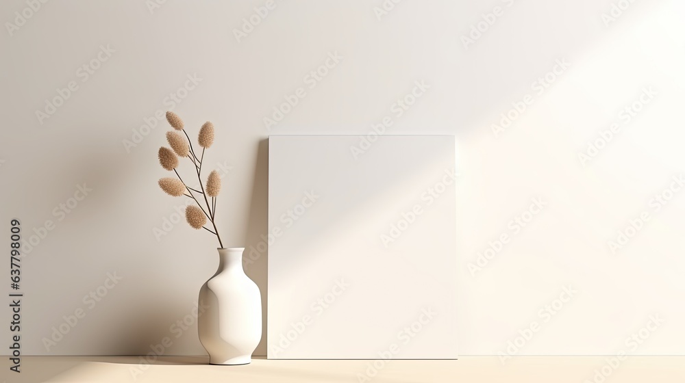 Poster empty card stock with placeholder text and vase with light shadow on white backdrop simple corporate