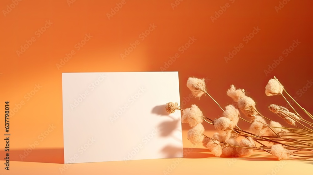 Poster orange background with blank cards dry grass and shadows. mockup image