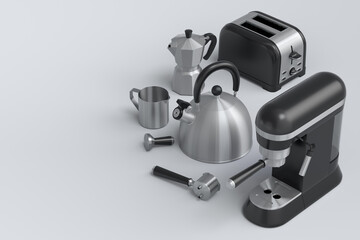 Espresso coffee machine, hand mixer, kettle and toaster on white background.