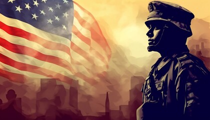 Soldier in front of the United States flag on Veterans or Memorial Day - obrazy, fototapety, plakaty
