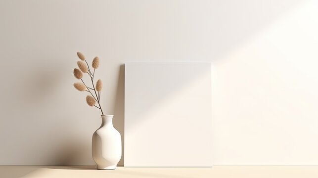 Empty card stock with placeholder text and vase with light shadow on white backdrop Simple corporate design template Overhead view. Mockup image