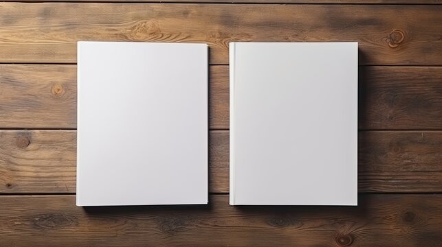 Two blank paper books on a wooden surface. Mockup image