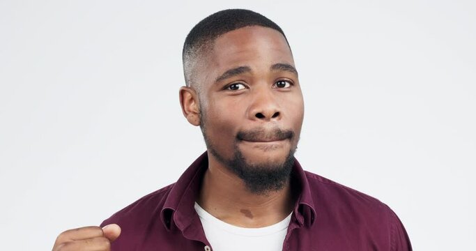 Portrait, black man and mouth zip in studio for secret, gossip or privacy on white background. Confidential, news and portrait of model with emoji for quiet, gesture or trust with promise of silence