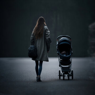 junge frau attraktiv mutter fmailie mit regebmantel im park und kinderwagen bugy sparziergang buggy schieben fiktive person und szene generative ki