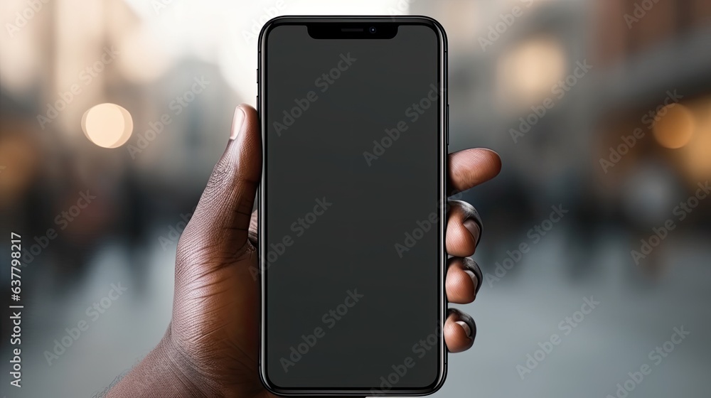 Poster african american man holding a new black smartphone with a blank screen blank copy space for text . 