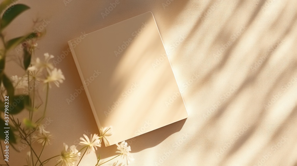 Poster minimalist business brand template with blank notebook sheet and floral sunlight shadows on beige ba