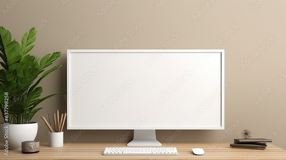 Fototapete Minimal office space with computer and blank screen decorated and available for use . Mockup image