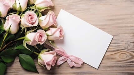 Mockup of a wedding invitation or greeting card with a bouquet of fresh roses blank card open area for text