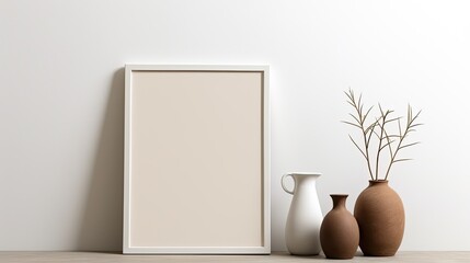 Minimalist neutral aesthetic home interior with blank picture frame on a stone tabletop white wall linen curtain and Scandinavian style room background. Mockup image