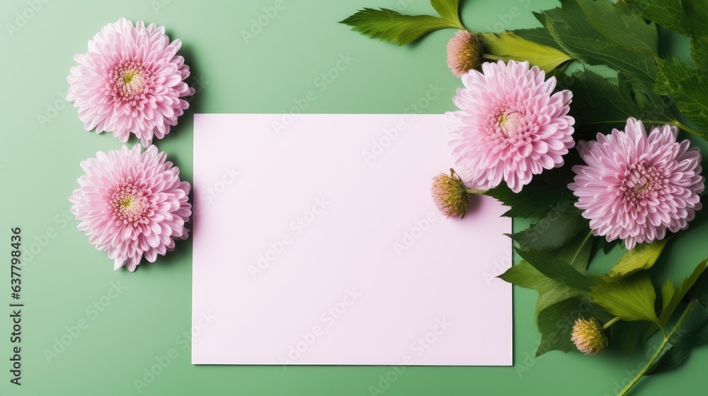 Poster flower themed greeting card template with blank paper on green table . mockup image