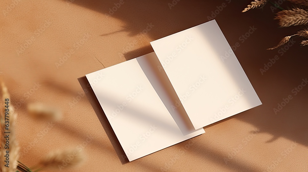 Poster Mockup template with copy space featuring flowers and empty paper cards on a warm rug background