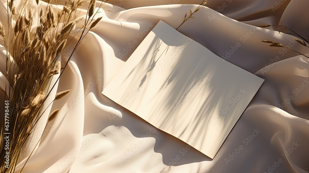 Aufkleber minimal brand template with blank paper sheets dried grass soft sunlight shadows on gold silk cloth 