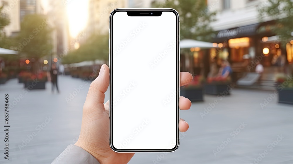 Poster hand holding a cell phone with a blank screen for texting outdoors representing business contact com