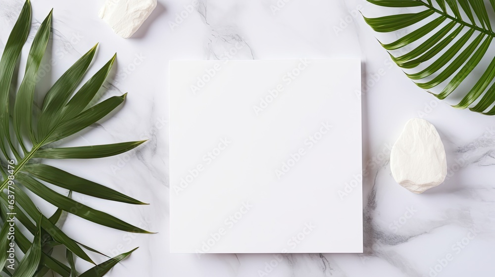 Poster minimalist brand template with blank card on marble background adorned with a dried palm leaf. mocku