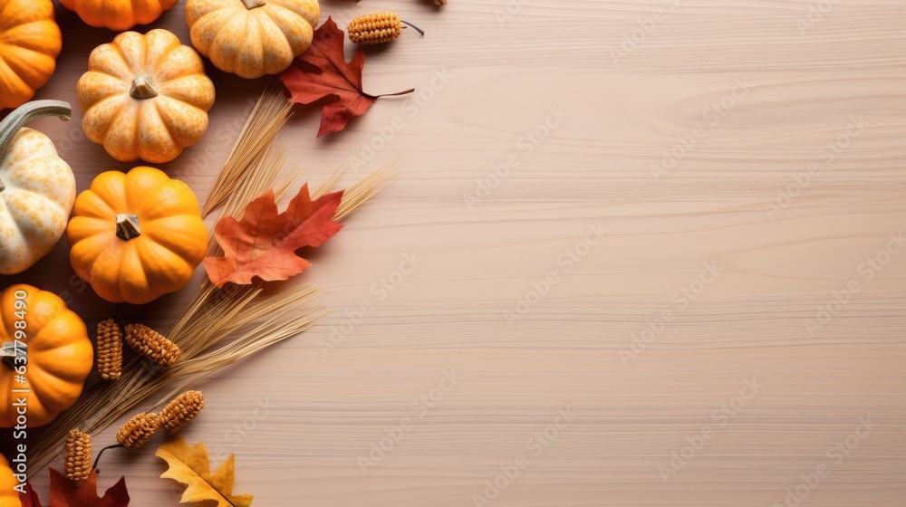 Aufkleber miniature pumpkins and dried grass in autumnal or holiday themed arrangement blank space for text ov