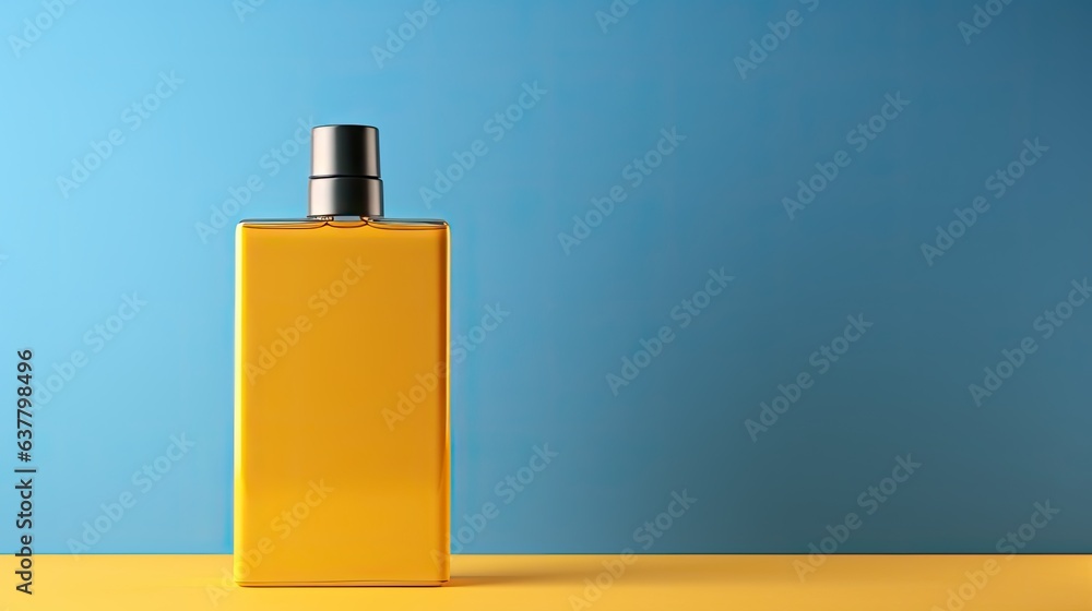 Leinwandbilder front view mockup template of a blue rectangular spray perfume bottle on a yellow background with co