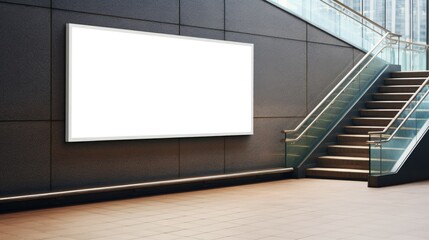 Mockup of blank billboard template next to stairs OOH media mockup in underpass digital display at train station - obrazy, fototapety, plakaty