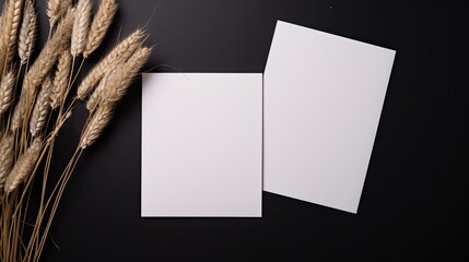 Minimalistic brand template with blank cards dry grass on dark background. Mockup image
