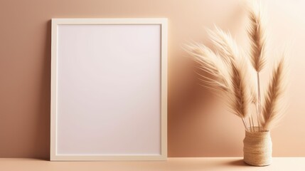 Top view flat lay mockup with blank photo frame dried pampas grass and pastel background for logo or text placement