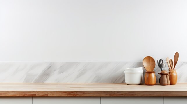 A modern kitchen backdrop with utensils on white counter and space for text. Mockup image