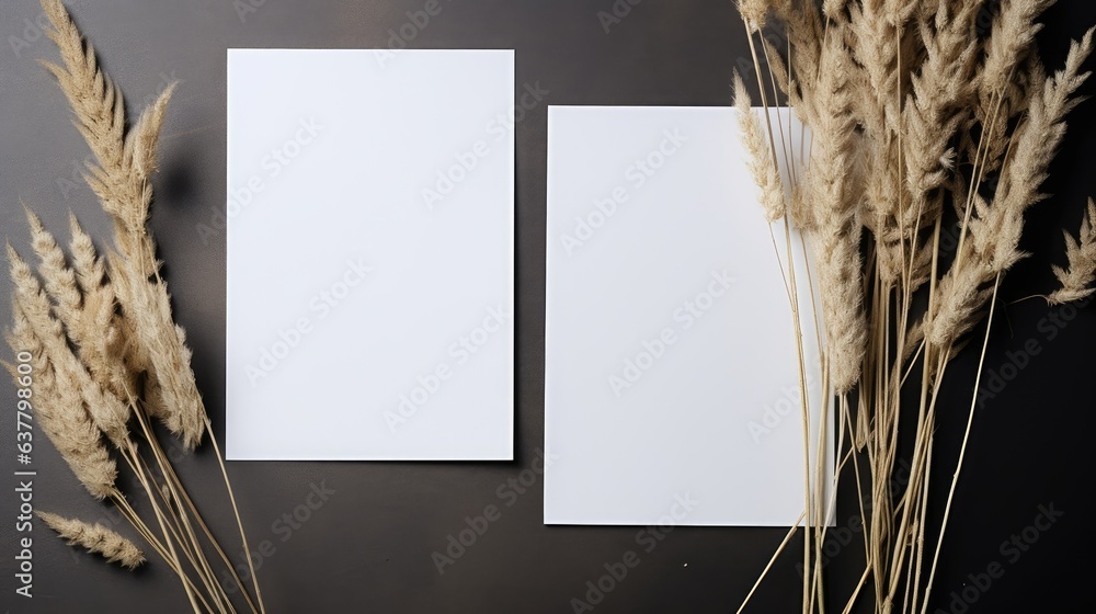 Aufkleber minimal business brand template with blank paper sheet cards dry grass stems on deep grey background