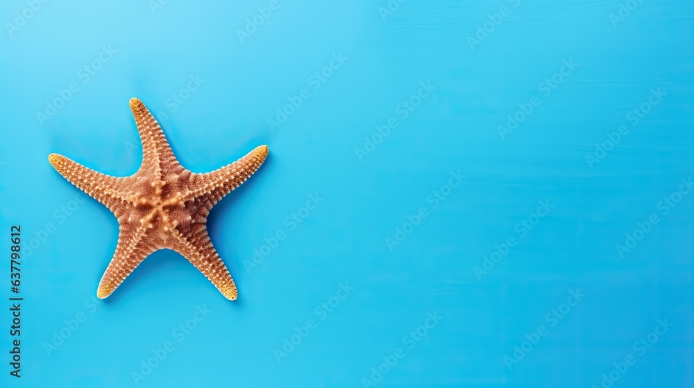 Aufkleber Table with blue background featuring starfish and empty space for text evoking a vacation and summer theme. Mockup image