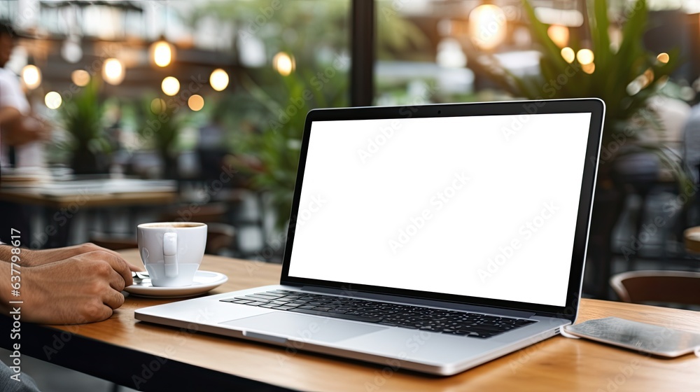 Fototapete white background mockup image of a laptop on a coffee shop desk where a man is using it for business