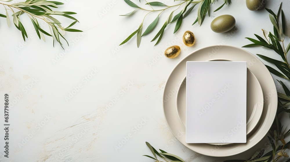 Aufkleber Top view of an elegant wedding table with invitation card and porcelain plates adorned with olive branches A modern template with a blank vertical paper card lai. Mockup image