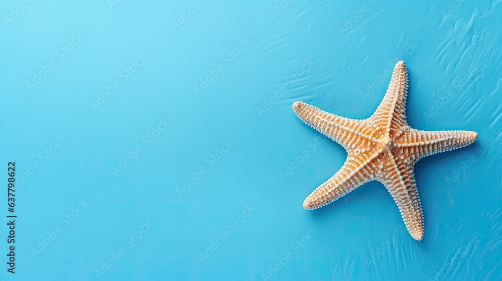 Aufkleber Table with blue background featuring starfish and empty space for text evoking a vacation and summer theme . Mockup image