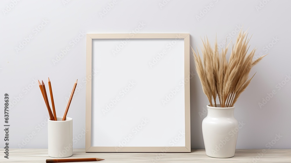 Poster Minimalist desk setup with dry grass coffee and pencil holder Frame on wall. Mockup image