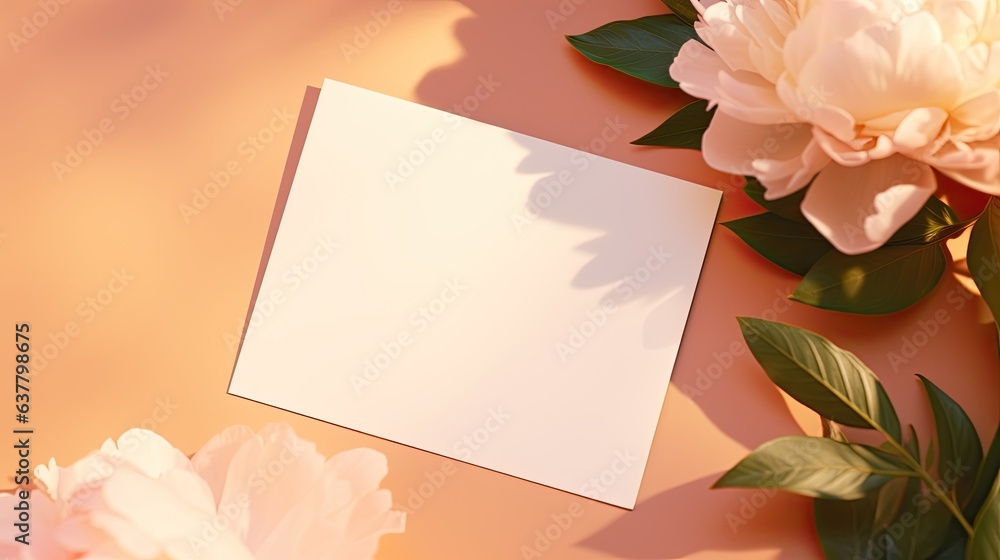 Aufkleber luxury bohemian branding concept with peony flower shadows on peach background top view minimalist a