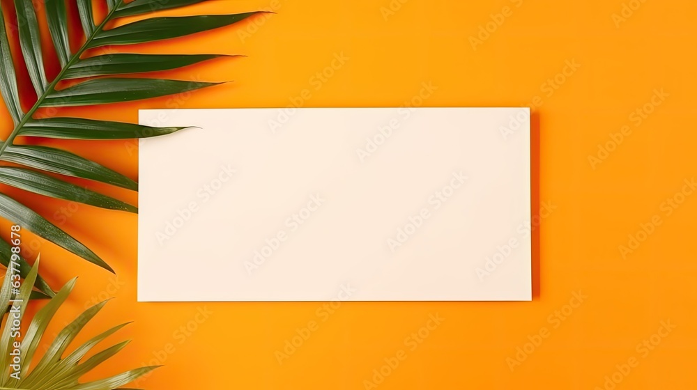 Aufkleber blank mock up paper with dried palm leaf on orange background. mockup image