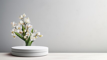 White podium with freesia flowers on light grey background Natural layout for cosmetic advertising Product presentation or sale mockup Copy space Flat lay