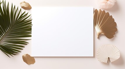 Minimal business brand template with blank card gold stationery and dry leaf on white background. Mockup image