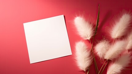 Flat lay mockup cards with blank space fluffy bunny tail grass sunlight shadows on red background Minimalist business brand template in top view