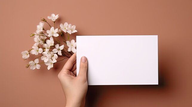 Person holding blank card and envelope with flowers on beige background elegant template for invitation greeting or business card with space for text. Mockup image