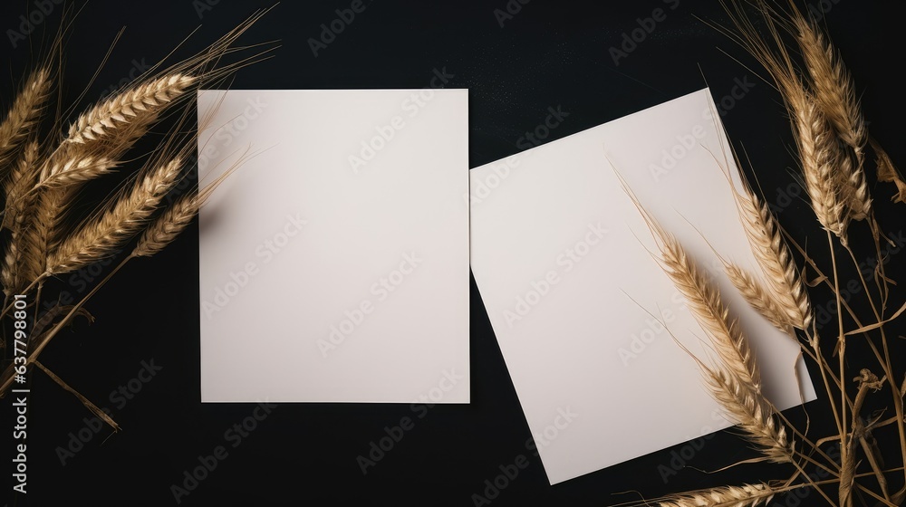 Aufkleber minimal brand template with blank paper cards on dark background dried grass stems included top view