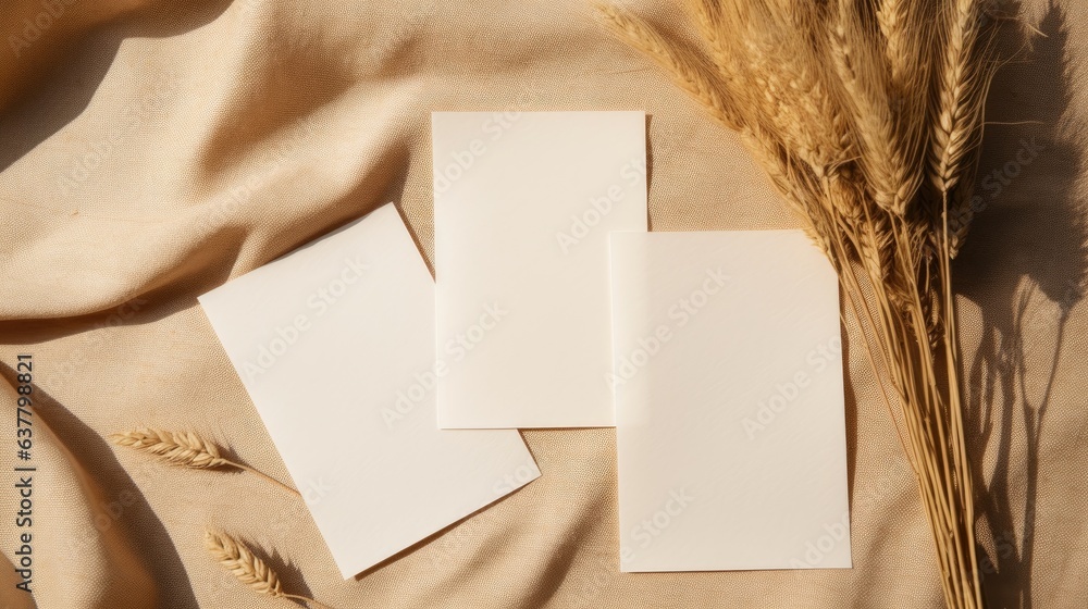 Poster minimalistic bohemian business brand template with blank cards dried grass and sunlight shadow on ne