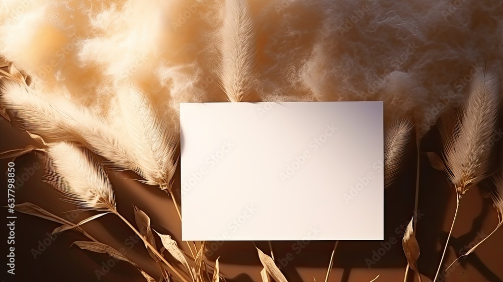 Aufkleber flat lay minimal business brand template with blank paper cards and fluffy dried pampas grass in war