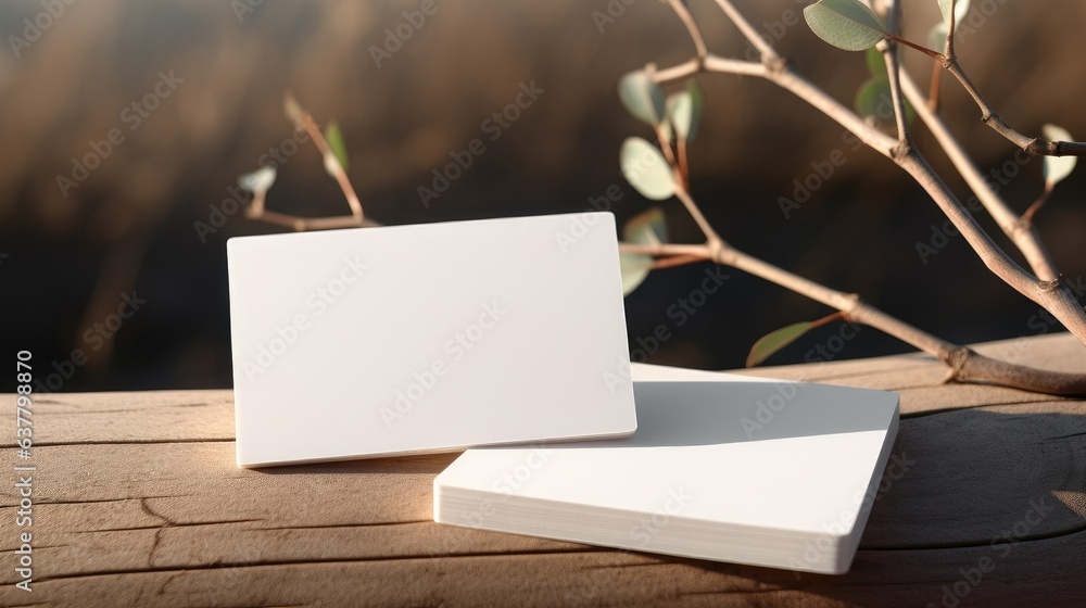 Poster business cards with space for copy eucalyptus twig shadow background branding presentation logo mock