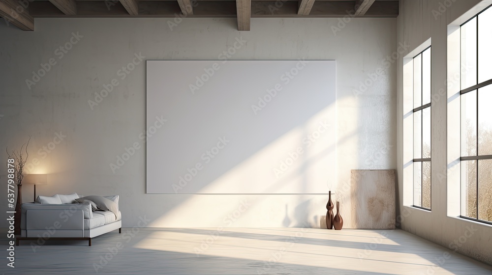 Poster Having a blank white canvas in a minimalist space prompts deep thought and attention. Mockup image