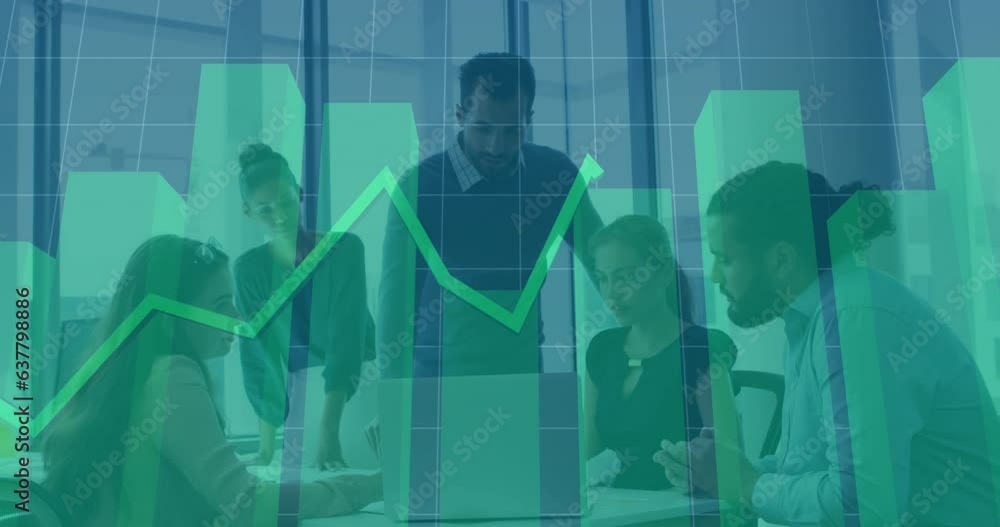 Poster animation of multiple graphs and grid pattern over diverse coworkers discussing reports on laptop