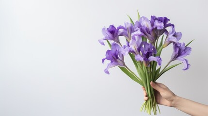 Naklejka na ściany i meble Mockup of a bouquet containing blue and purple irises on a light gray background for celebrations like birthdays March 8th International Women s Day and to expre