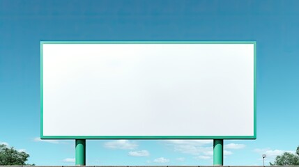 Obraz premium Front view of a white billboard against a blue green background Template for consumerism and advertising with white screen and copy space. Mockup image