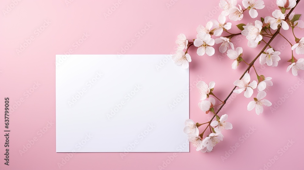 Wall mural empty white paper with flower decoration on a pink background along with a mockup of a white invitat