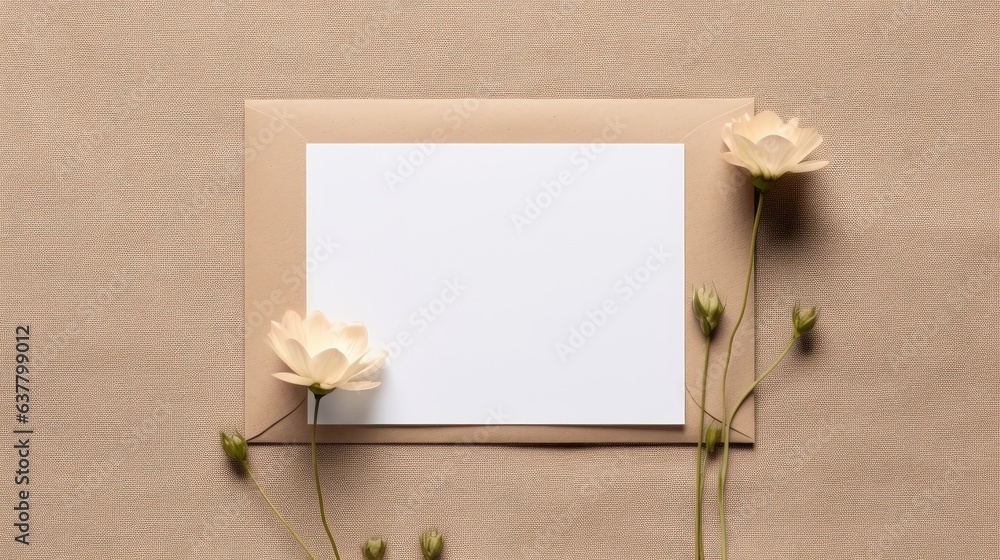 Aufkleber neutral beige linen background with empty card and flowers subtle aesthetic template for business br