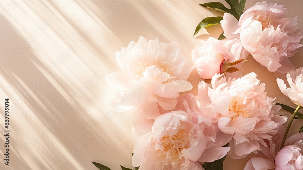 Poster top view of neutral beige background with flatlay arrangement of peonies incorporating copy space an