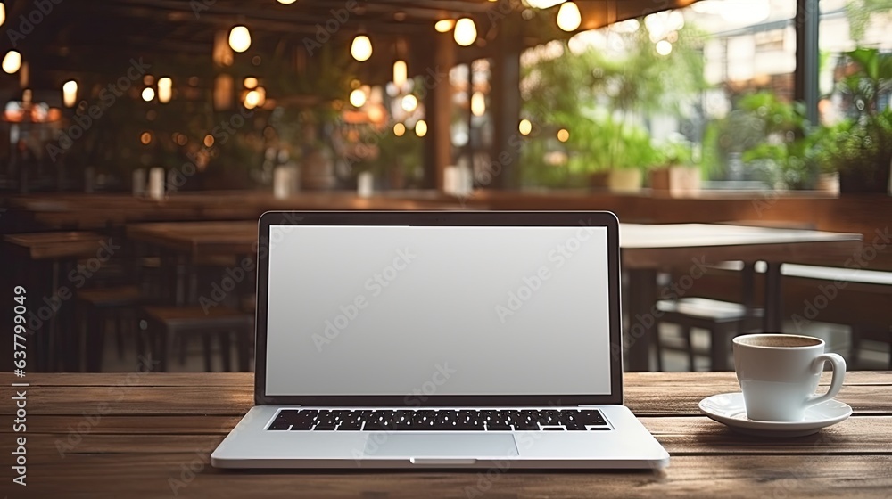 Poster hand holding laptop with blank screen on wooden table in cafe. mockup image