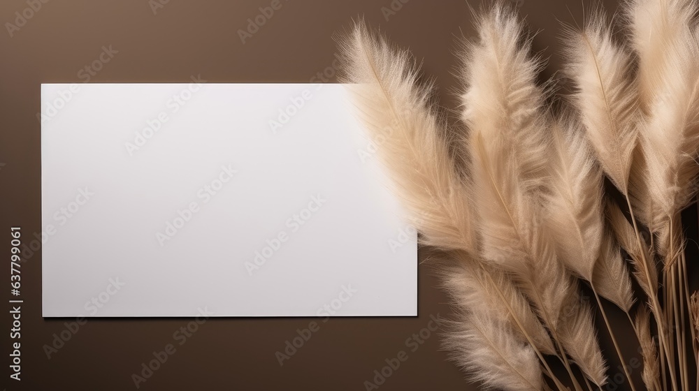 Poster flat lay minimal business brand template with blank paper cards and fluffy dried pampas grass in war