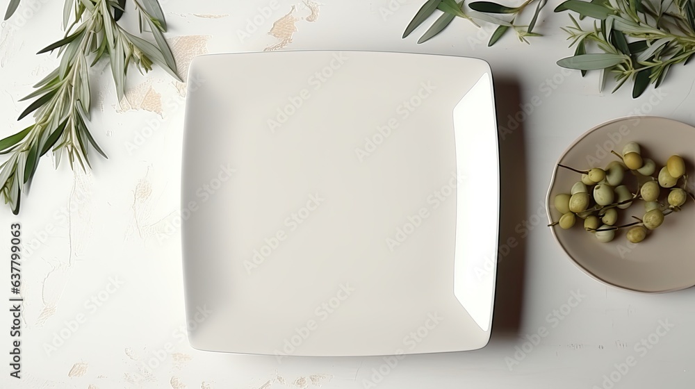 Aufkleber top view of an elegant wedding table with invitation card porcelain plates adorned with olive branch